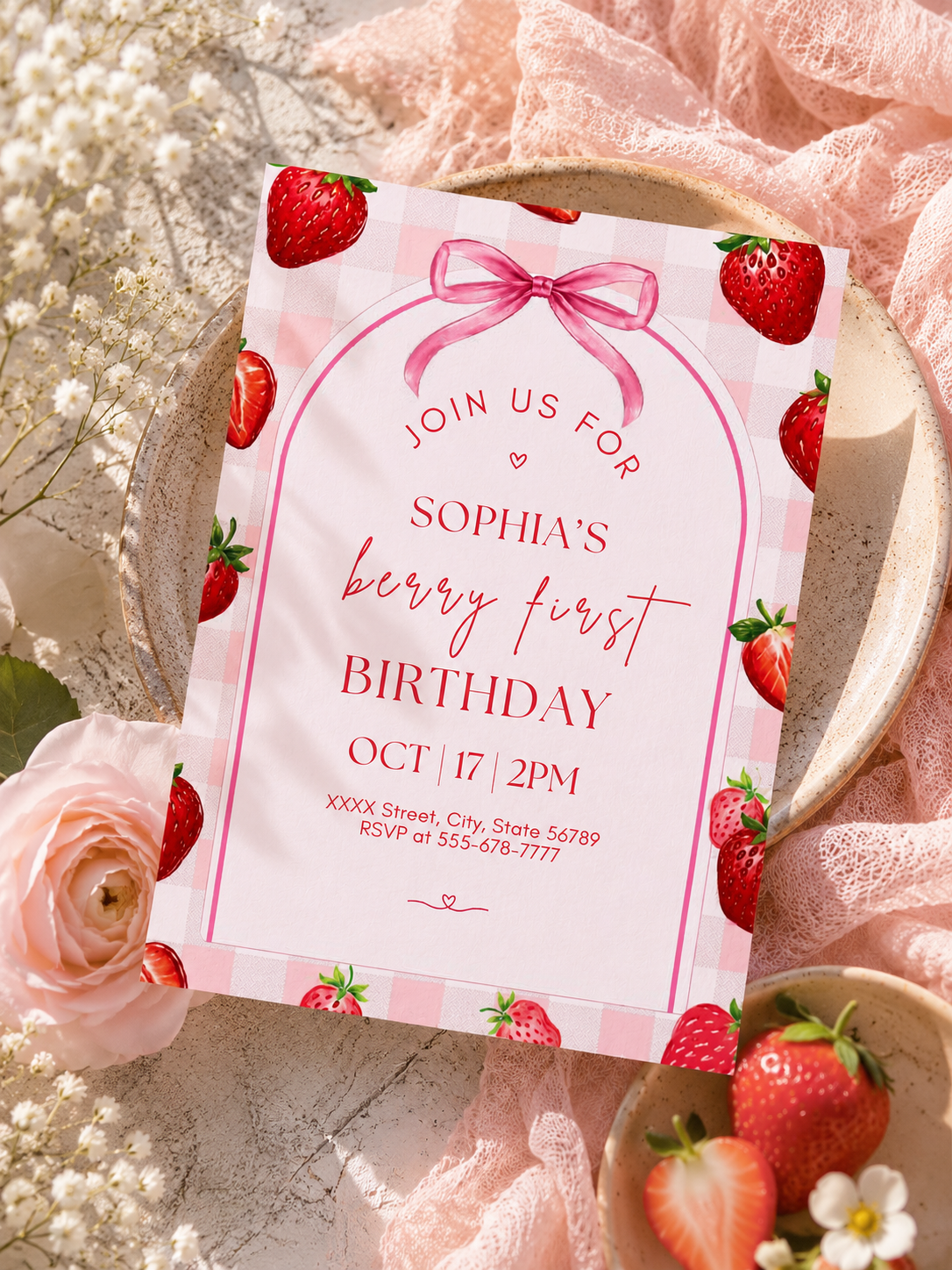 Berry First Birthday Invitation | Editable Canva Template