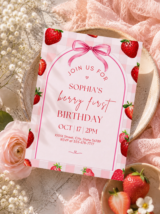 Berry First Birthday Invitation | Editable Canva Template
